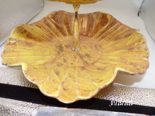 Product Image and Link for Vintage 3 Tier Yellow Cake Dessert Tray Plate Scalloped Edge MCM MADE IN USA
