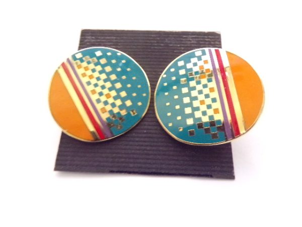Product Image and Link for Vintage Laurel Burch “RAJI” Enameled Earrings Geometric Design Orange & Teal