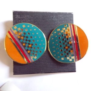 Product Image and Link for Vintage Laurel Burch “RAJI” Enameled Earrings Geometric Design Orange & Teal