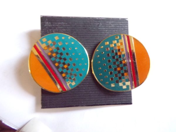 Product Image and Link for Vintage Laurel Burch “RAJI” Enameled Earrings Geometric Design Orange & Teal