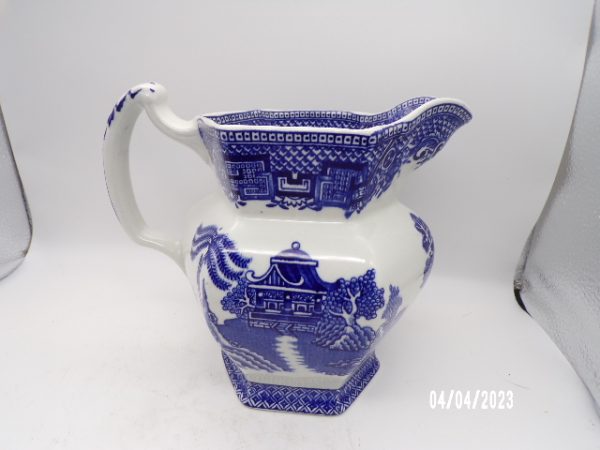 Product Image and Link for VINTAGE BLUE WILLOW WOOD & SONS ENGLAND ENOCH 1784 RALPH 1750 PITCHER 6″ EUC