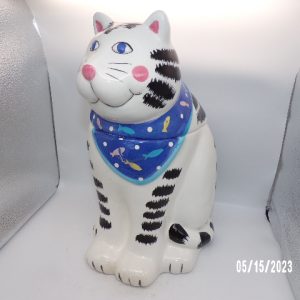 Product Image and Link for Vintage COCO DOWLEY White with Black Stripes Cat Kitty Cookie Jar