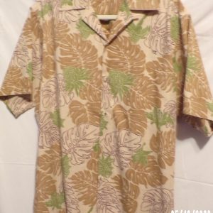 Product Image and Link for GO BAREFOOT Beige & Green HAWAIIAN Shirt Adult LEAVES Button Up LARGE USA