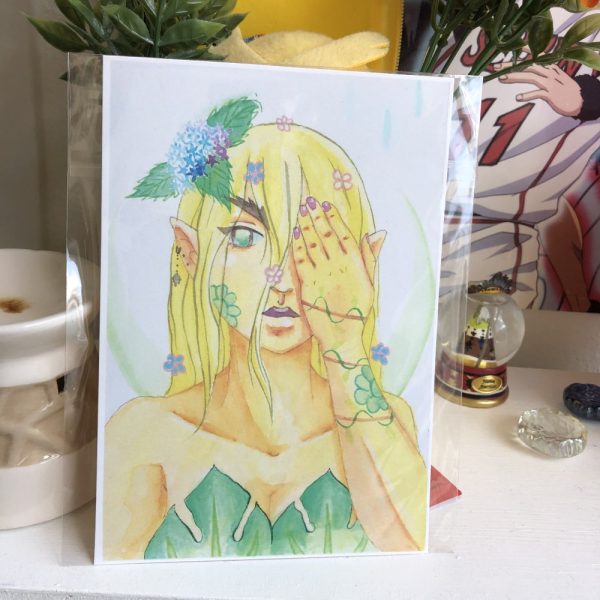 Product Image and Link for Mystical Nature Elf Girl Portrait Art 5×7 Inch Floral Plant Print