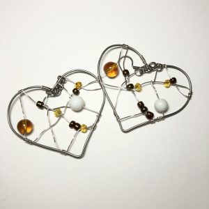 Product Image and Link for Wire Wrapped Metal Heart Glass Bead Dangly Earrings