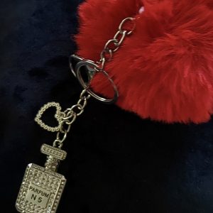 Product Image and Link for Don’t Forget Mom! May 14th! Red Pom-Pom Key Chain w/ Rhinestone Studded Perfume Bottle and Rhinestone Heart