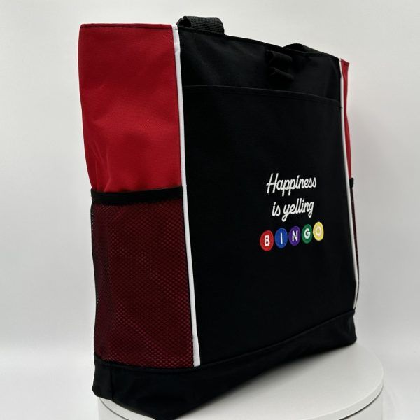 Product Image and Link for One-of-a-kind Design Panel Tote Bag Embroidered “Happiness is yelling BINGO”