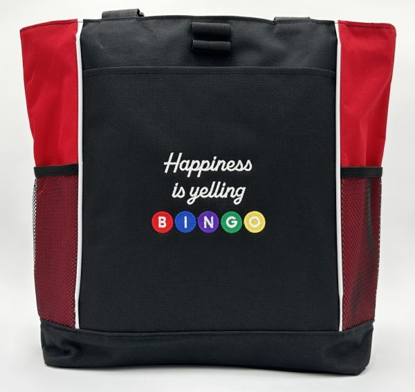 Product Image and Link for One-of-a-kind Design Panel Tote Bag Embroidered “Happiness is yelling BINGO”