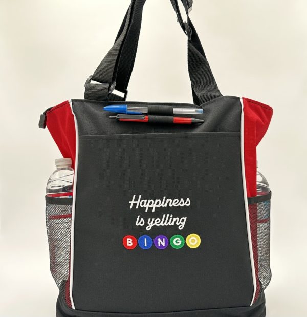 Product Image and Link for One-of-a-kind Design Panel Tote Bag Embroidered “Happiness is yelling BINGO”