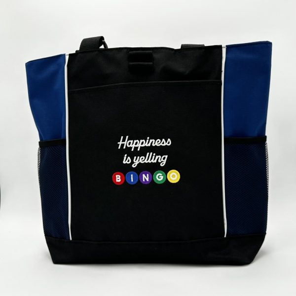 Product Image and Link for One-of-a-kind Design Panel Tote Bag Embroidered “Happiness is yelling BINGO”