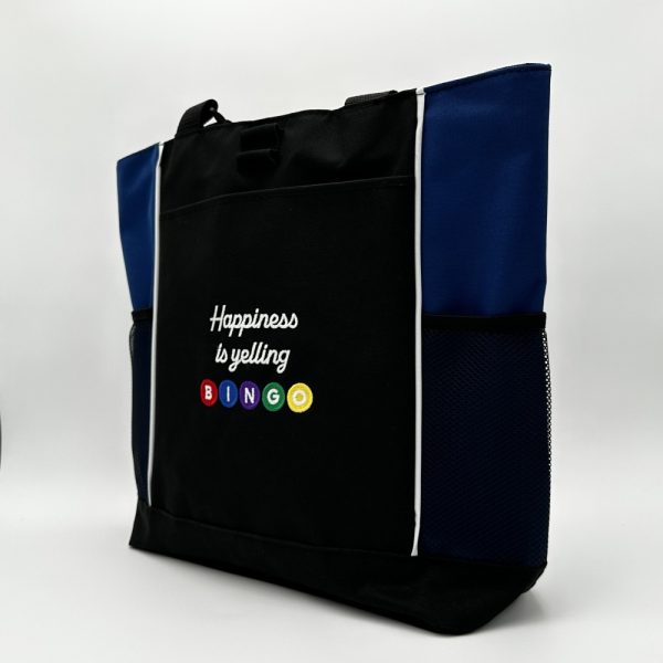 Product Image and Link for One-of-a-kind Design Panel Tote Bag Embroidered “Happiness is yelling BINGO”