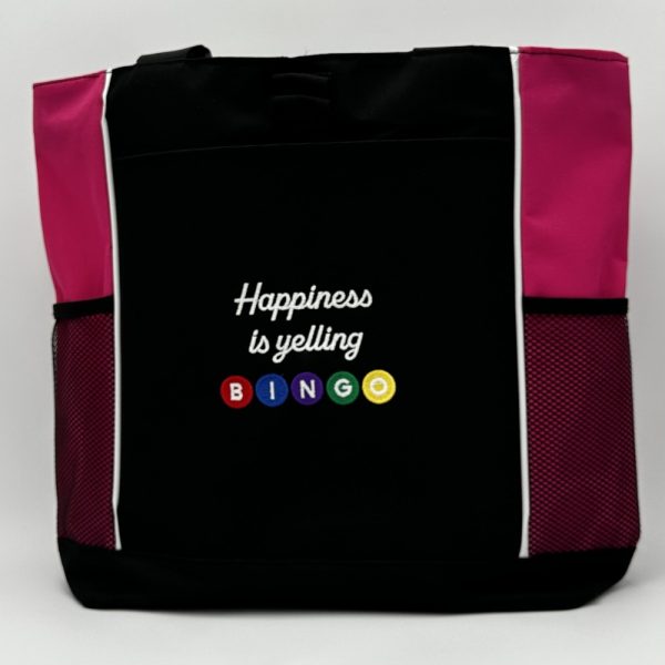 Product Image and Link for One-of-a-kind Design Panel Tote Bag Embroidered “Happiness is yelling BINGO”
