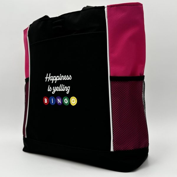 Product Image and Link for One-of-a-kind Design Panel Tote Bag Embroidered “Happiness is yelling BINGO”