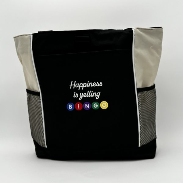Product Image and Link for One-of-a-kind Design Panel Tote Bag Embroidered “Happiness is yelling BINGO”