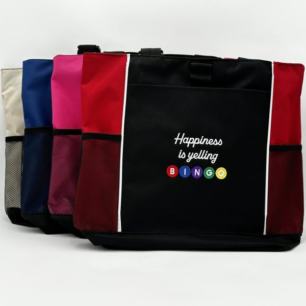 Product Image and Link for One-of-a-kind Design Panel Tote Bag Embroidered “Happiness is yelling BINGO”