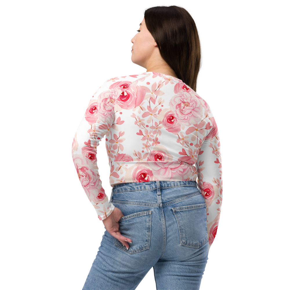 Pink Floral Crop Top Long-Sleeve, Vibrant Floral Print - California ...