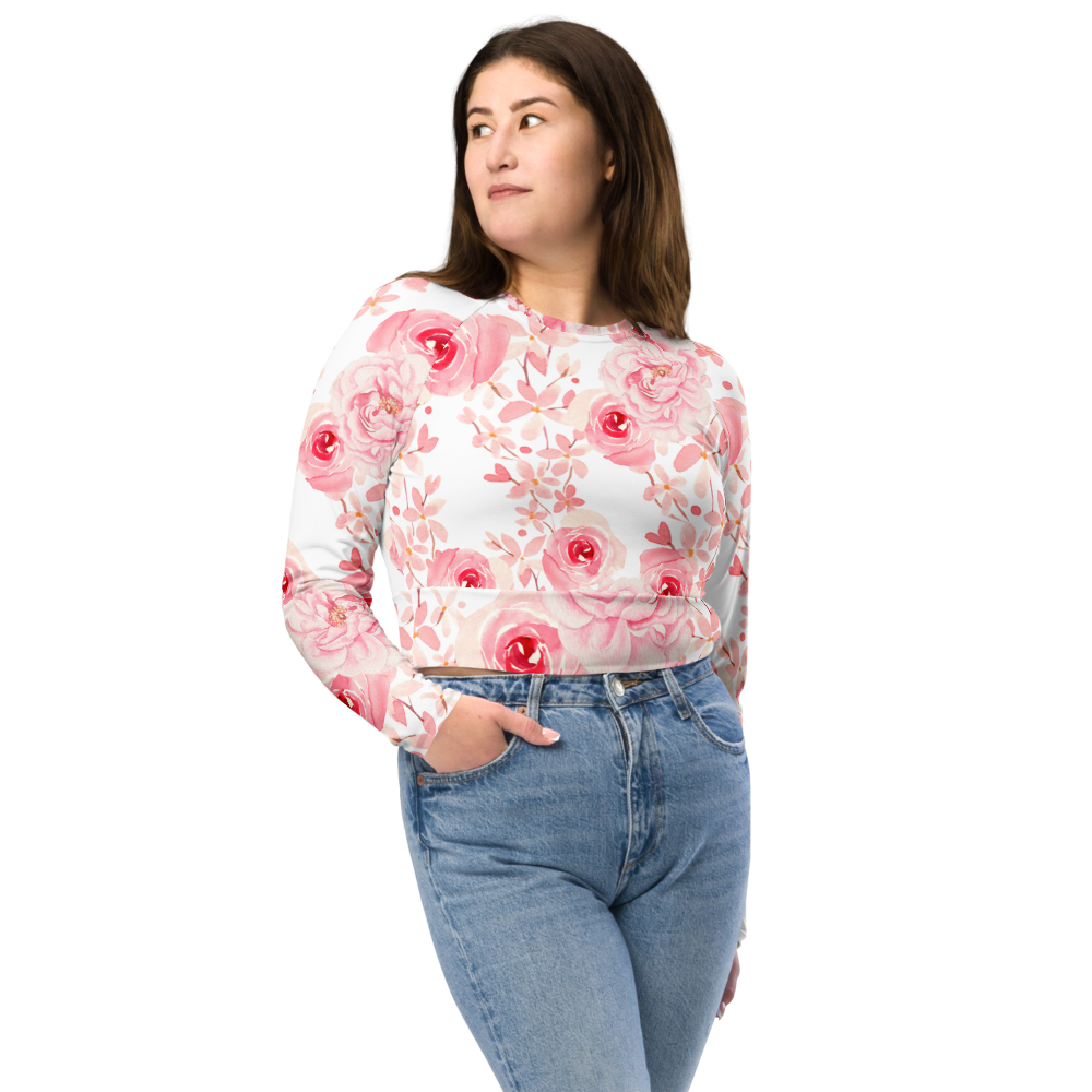 Pink Floral Crop Top Long-Sleeve, Vibrant Floral Print - California ...