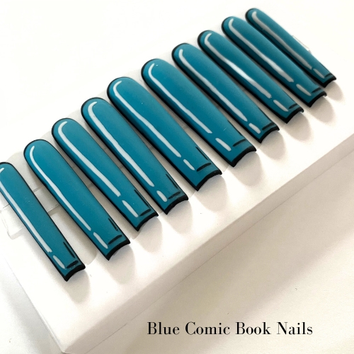 Product Image and Link for Blue Comic Book Press On Nails