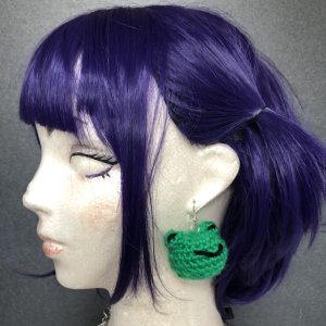 Product Image and Link for Green Happy Frog Crochet Fishhook Earrings Fun and Lightweight