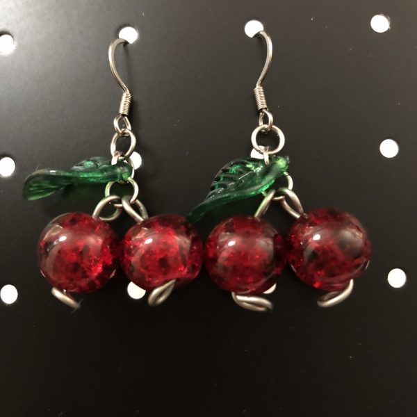 Product Image and Link for Glass Cherry Dangly Fruit Earrings