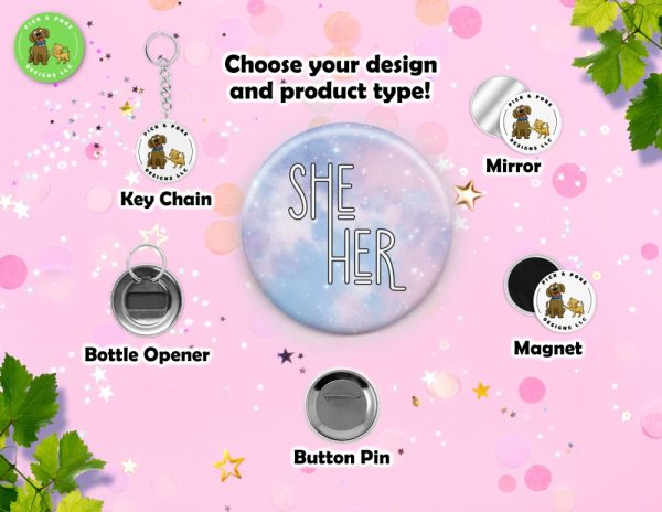 Product Image and Link for Galaxy Sky My Pronouns Button Pins, Keychains, and Accessories