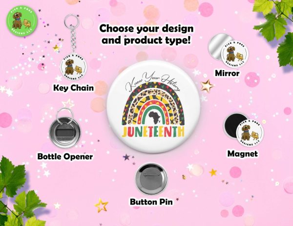 Product Image and Link for Juneteenth 1865 Freedom Button Pins and Keychain Accessories