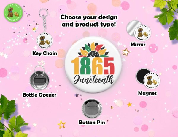 Product Image and Link for Juneteenth 1865 Freedom Button Pins and Keychain Accessories