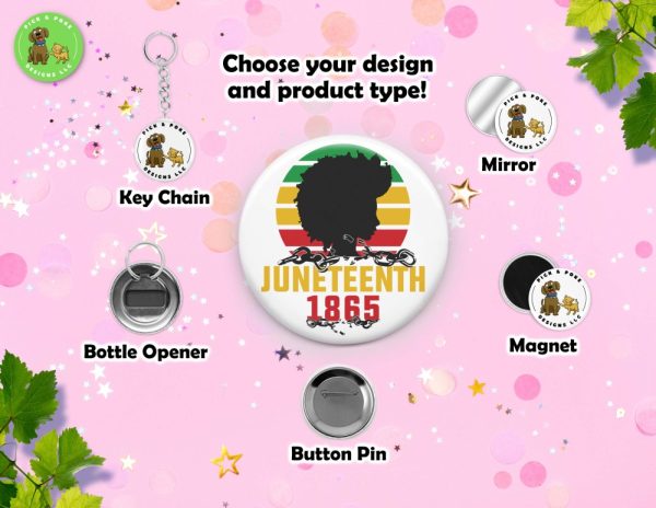 Product Image and Link for Juneteenth 1865 Freedom Button Pins and Keychain Accessories