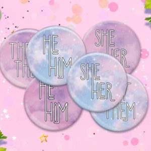 Product Image and Link for Galaxy Sky My Pronouns Button Pins, Keychains, and Accessories
