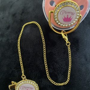 Product Image and Link for Pink & Gold Rhinestone Studded L’il Princess Pacifier 2-Piece Clip-on Set