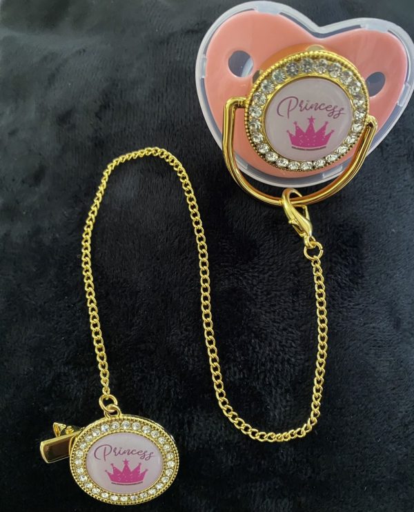 Product Image and Link for Pink & Gold Rhinestone Studded L’il Princess Pacifier 2-Piece Clip-on Set