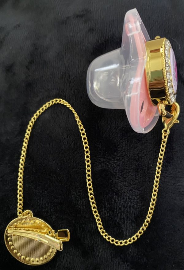 Product Image and Link for Pink & Gold Rhinestone Studded L’il Princess Pacifier 2-Piece Clip-on Set