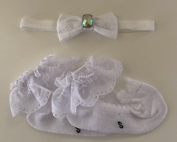 Product Image and Link for Infant/Toddler Girl White Headband w/ Pearlescent Square Jewel Center White Sheer 18-24 months dress Socks Set
