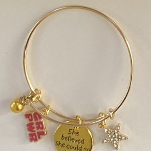 Product Image and Link for Pink & Gold tone Girl Power Expandable Bracelet w/charm for teen girls