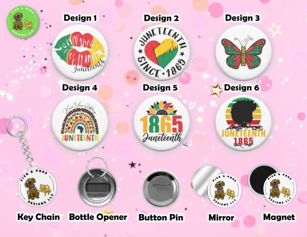 Product Image and Link for Juneteenth 1865 Freedom Button Pins and Keychain Accessories