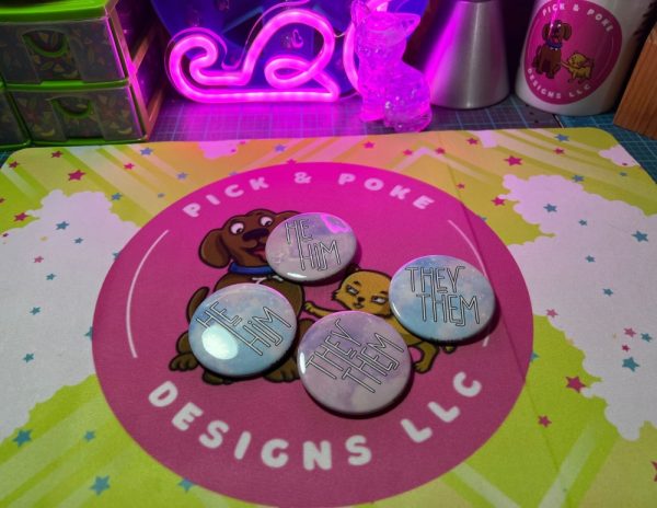 Product Image and Link for Galaxy Sky My Pronouns Button Pins, Keychains, and Accessories