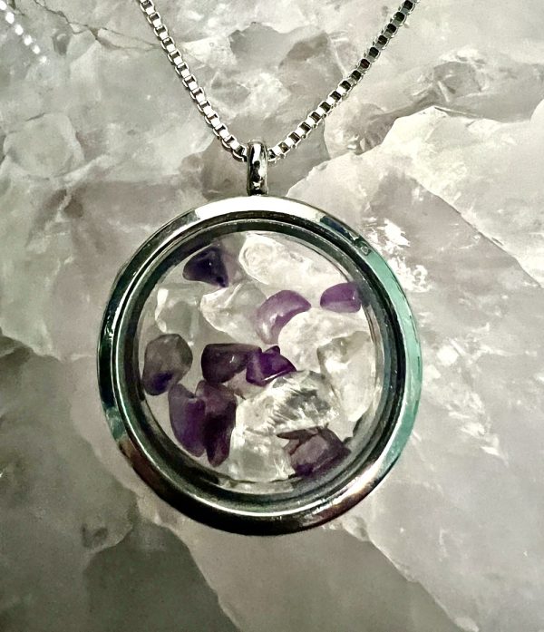 Product Image and Link for Amethyst and Clear Quartz Floating Locket