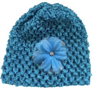 Product Image and Link for Pretty Blue Crochet Baby Cap w/Flower Rhinestone Center