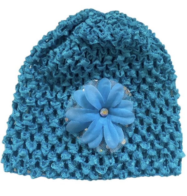 Product Image and Link for Pretty Blue Crochet Baby Cap w/Flower Rhinestone Center