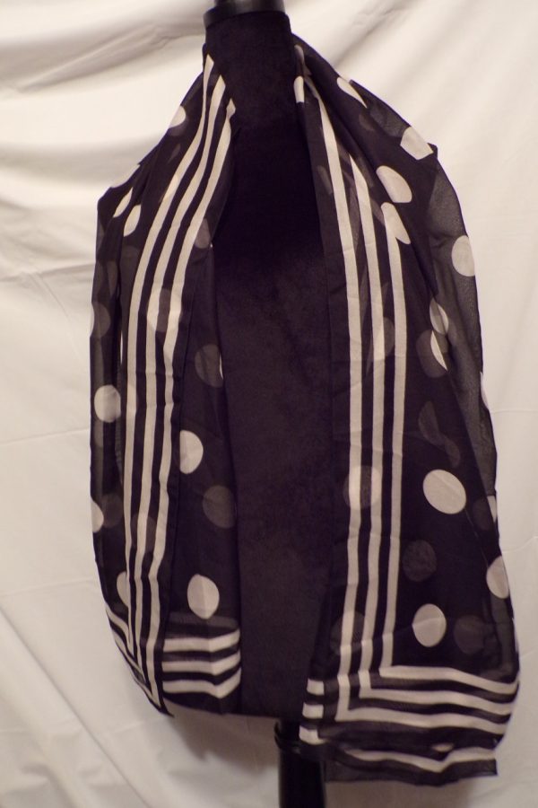 Product Image and Link for Beautiful Black & White Polka Dots Stripes FATTARSETA ITALY Scarf 38″ X 63″