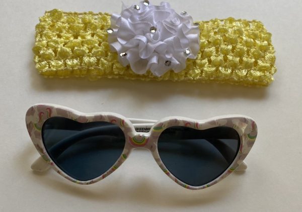 Product Image and Link for Infant/Toddler Girl Baby Blue or Yellow headband pinkish-blue bow/white flower rhinestone studded center with sunglasses