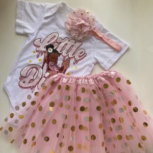 Product Image and Link for L’il Diva 3-Piece Pink, gold & white Set for Infant girl: Tutu, Onesie,w/matching headband(fits 9-12m to 2T varies)