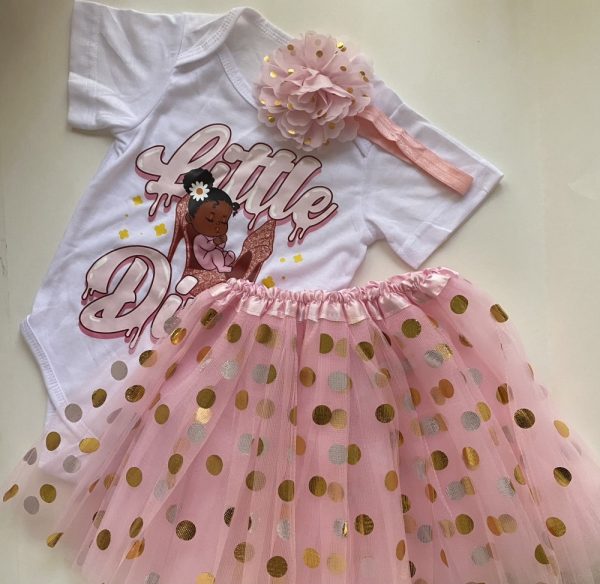 Product Image and Link for L’il Diva 3-Piece Pink, gold & white Set for Infant girl: Tutu, Onesie,w/matching headband(fits 9-12m to 2T varies)