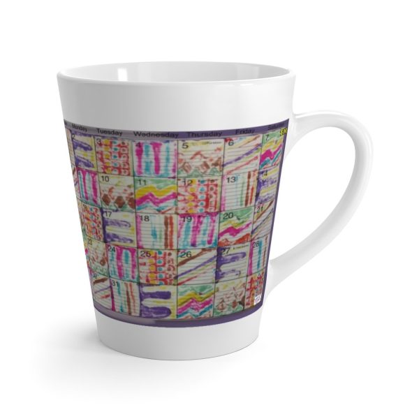 Product Image and Link for Latte mug 12oz.: “Psychedelic Calendar(tm)” – Vibrant/Seeped – No Text