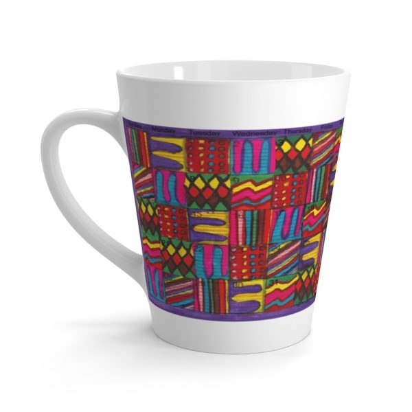 Product Image and Link for Latte mug 12oz.: “Psychedelic Calendar(tm)” – Vibrant/Seeped – No Text
