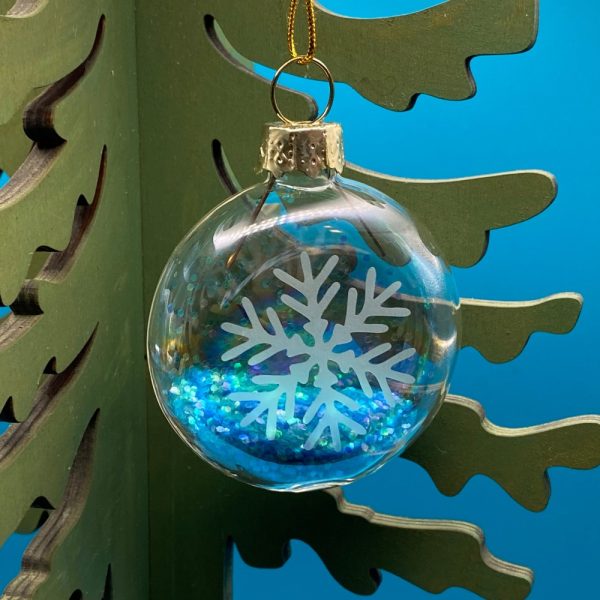 Product Image and Link for Christmas Ornament – 2″ Small Thin Snowflake, Blue Glitter