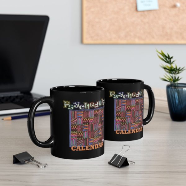 Product Image and Link for Black Mug 11oz:  Psychedelic Calendar(tm) – Muted