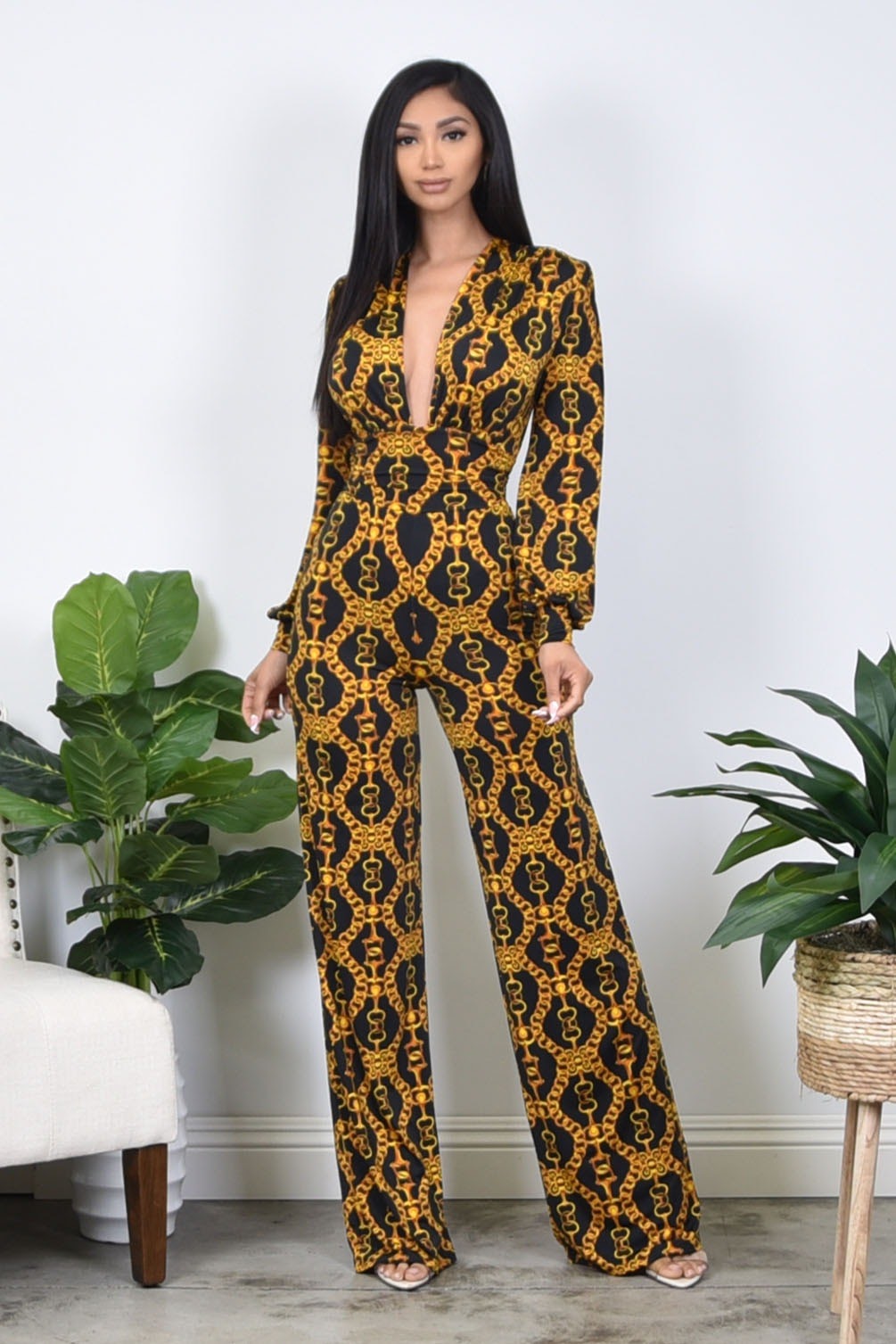 Long Sleeve Chain Print Jumpsuit California Shop Small