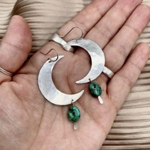 Product Image and Link for Handmade Turquoise Moon Earrings in Silver Finish