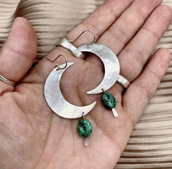 Product Image and Link for Handmade Turquoise Moon Earrings in Silver Finish